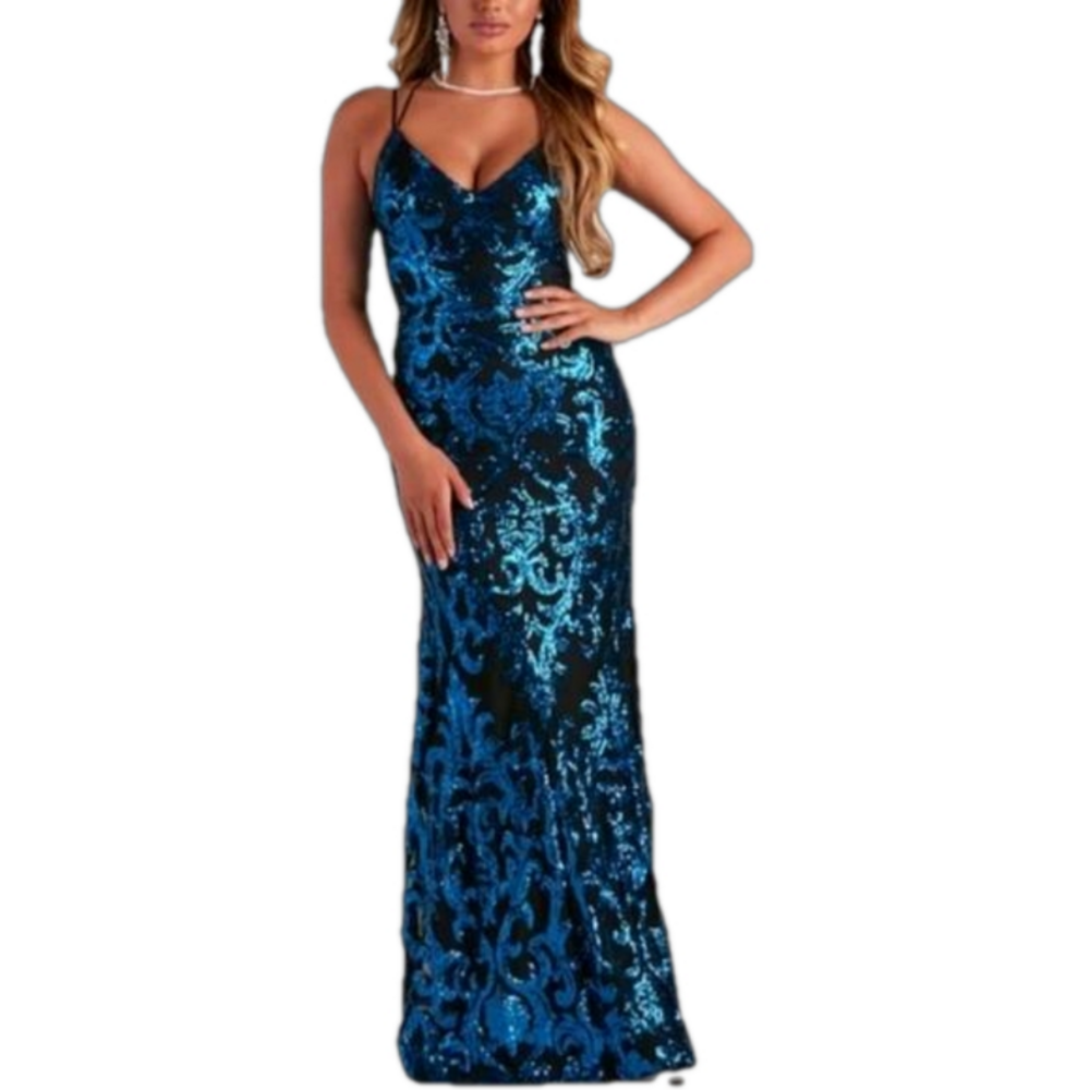 B Darlin Juniors V Neck Sequin Sleeveless Gown